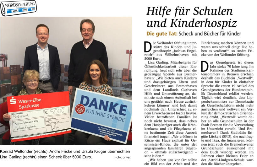 Konrad Welfonder (rechts), Andre Fricke und Ursula Krüger überreichten Lisa Garling (rechts) einen Scheck über 5000 Euro.                    Foto: privat